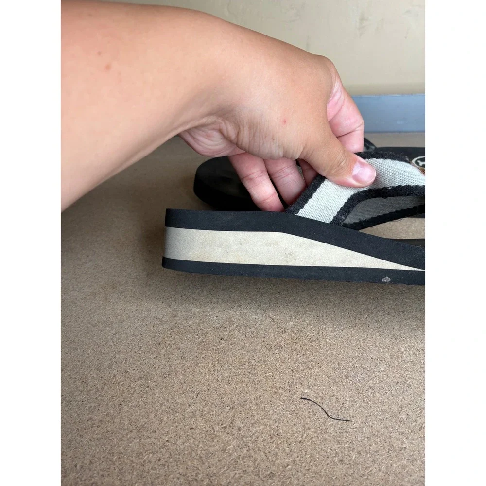 Tory Burch Platform Flip Flop Sandals Black White Striped Wedge Medallion Sz 8